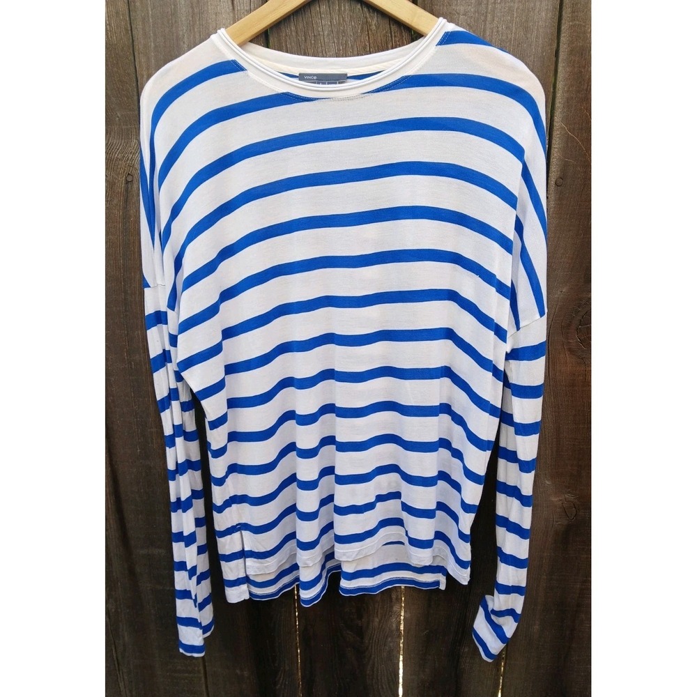 VINCE Top Tee Shirt Striped Blue‎ White Long Sleeve Nautical Large